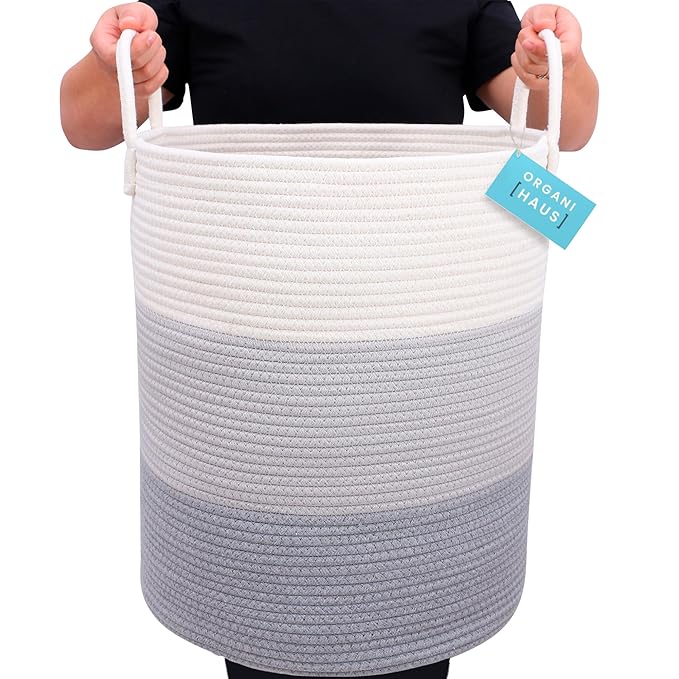 OrganiHaus Large Gray Woven Laundry Basket w/Handles 52L, Rope Dirty Clothes Hamper, Blanket Basket for Living Room, Baby Lau