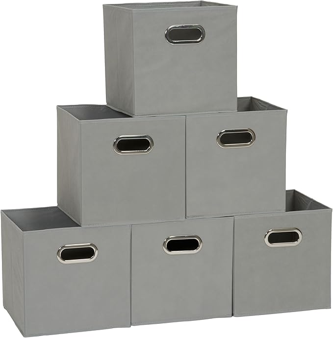 Household Essentials Fabric Storage Bins 6 Piece Set, Strong Poly-Woven Fabric, Sturdy Chipboard Sides, Grommet Front Handle,