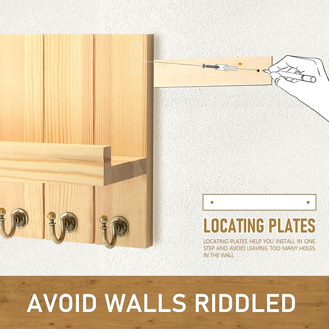 Rebee Vision Pine Wood Key Holder Wall Mount with 5 Hooks and Shelf – Farmhouse Key Holder for Wall for Entryway Organization