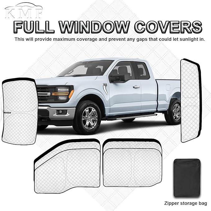KMF 6pcs Thicken Full Window Sun Shades for Ford F-150 4Door 2021-2025 Accessories,F150 Sunshade Privacy Car Window Covers for Windshield Side Rear, UV Block and Blackout for Camping Outdoor