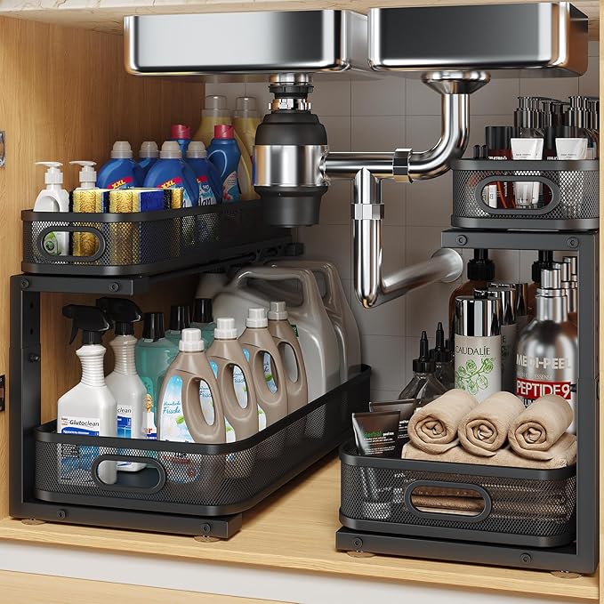 2 Pack 19.3IN-Depth Under Sink Organizer with Smooth Cylindrical Rail,2-Tier Pull Out Multi-Purpose Cabinet Storage for Bathr