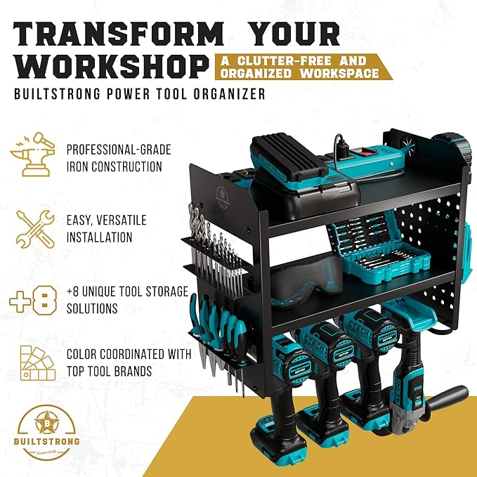 BUILTSTRONG Power Tool Organizer Wall Mount - 3-Tier Heavy-Duty Metal Hand Tool Storage Rack, Utility Racks, Drill Holder, Pe