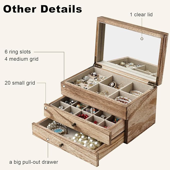 Meangood Jewelry Box Organizer for Women, 3 Layer Large Jewelry Storage Case, Rustic Wooden Jewelry Box with Mirror & Ring Tr