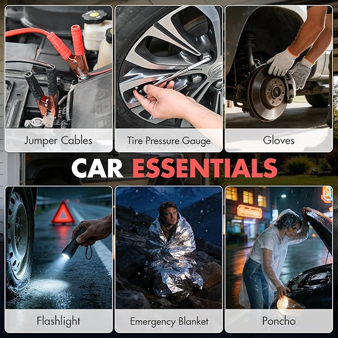 Car Emergency Safety Kit Bag with Jumper Cables, Tire Pressure Gauge, Auto Vehicle Safety Road Side Assistance Kits Essential