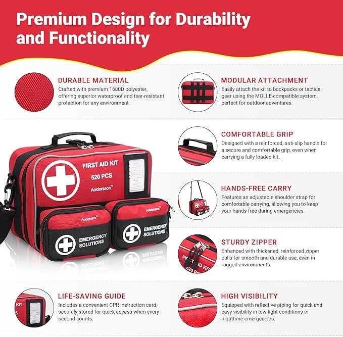 520 Piece Large First Aid Kit – Emergency Survival Kit for Car, Home, Camping, and Travel – Compact Medical Kit for Roadside 