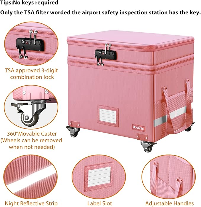 DocSafe File Box with Lock,2-Layer Fireproof Document Box with Wheels,Collapsible Rolling File Storage Organizer with Pockets
