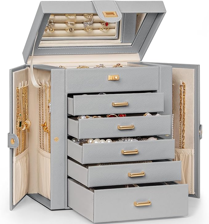 AKOZLIN 6-Tier Jewelry Box Organizer Functional 5 Drawers Leather Jewelry Storage Case for Women Girls Ring Necklace Earring 