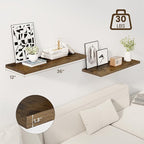 Dreamland 36" Floating Shelves for Wall, 12" Deep Slim Rustic Brown Floating Shelves, Wall-Mounted Shelves for Bedroom, Livin