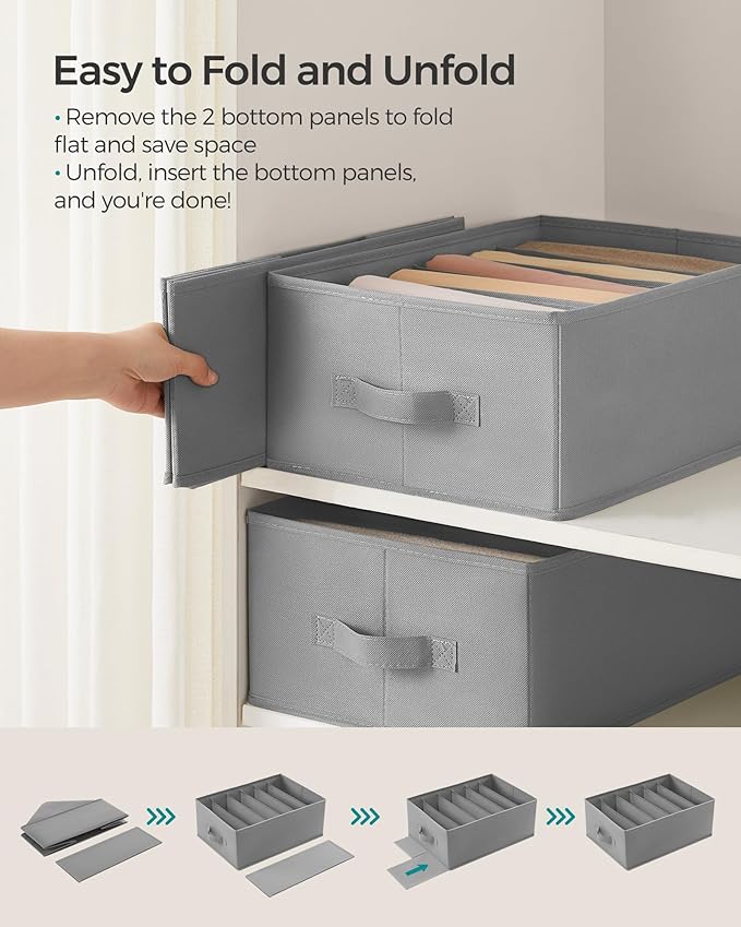 SONGMICS Set of 6 Large Size Wardrobe Clothes Organizers, 6-Compartment Foldable Drawer Organizers with Handles, 16.5 x 11.8 