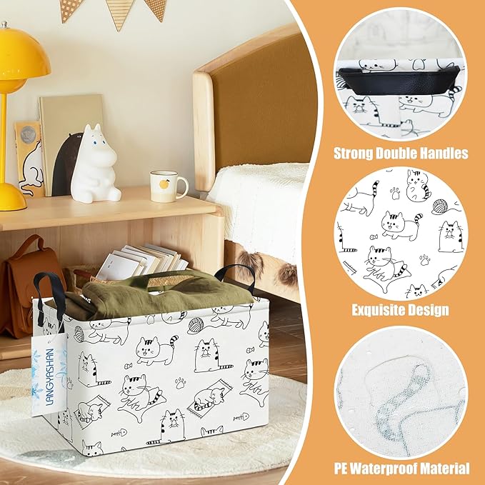 LANGYASHAN Rectangular Storage Bin Collapse Canvas Fabric Cartoon Storage Basket with Handles for Organizing Home Kitchen Boy