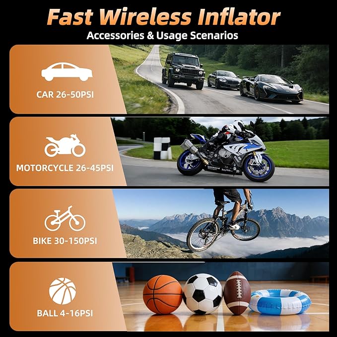 Tire Inflator,150 PSI, Air Compressor, Car Tire Pump, Air Pump for Car Tires, Bike Inflator, Car Accessories for Cars, Motorcycles & Bikes