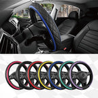 Road Comforts Leather Steering Wheel Cover – Black & Blue, Universal Fit 14.5-15 Inch, Microfiber Leather, Anti-Slip & Breath