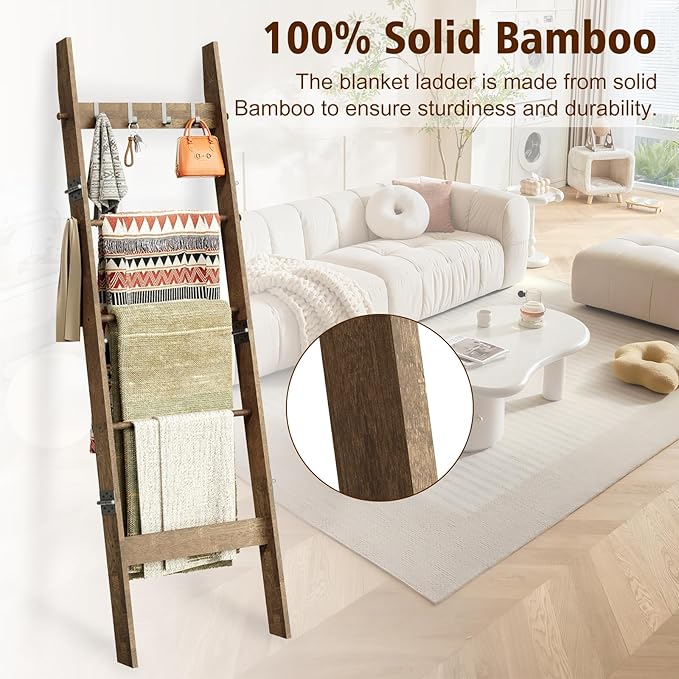 5-Tier Bamboo Ladder Shelf, Farmhouse Style Blanket Ladder, Rustic Decorative Ladder with 4 Removable Hooks, Brown