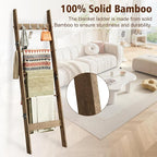 5-Tier Bamboo Ladder Shelf, Farmhouse Style Blanket Ladder, Rustic Decorative Ladder with 4 Removable Hooks, Brown