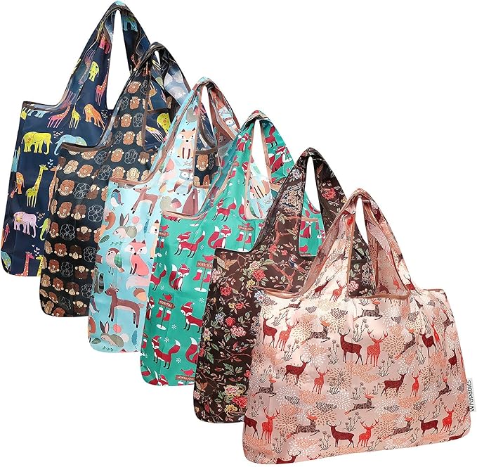 allydrew Large Foldable Tote Nylon Reusable Grocery Bags, 6 Pack