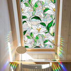 Niviy Window Privacy Film Lily White Flowers Stained Glass Window Film, Sun Protection Decals for Car Moonroof, Static Cling Rainbow Sticker Covering for Wedding Home Door (16.93 x 39.37inch)