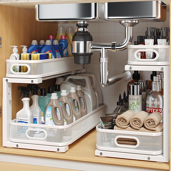 2 Pack 19.3IN-Depth Under Sink Organizer with Smooth Cylindrical Rail,2-Tier Pull Out Multi-Purpose Cabinet Storage for Bathr