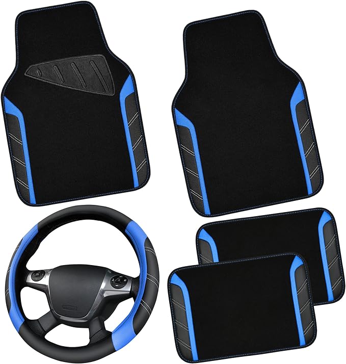 CAR PASS Leather Steering Wheel Cover and Waterproof Car Floor Mats,Microfiber Universal Car Combo Fit for 95% Sedan,SUV,Cars