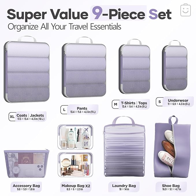 Veken 9/11 Set Compression Packing Cubes for Travel Essentials,Compressible Expandable Large Luggage Suitcase Organizer Bags 