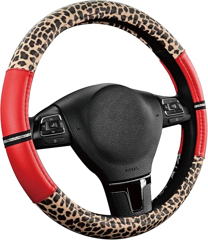 Road Comforts Leopard Steering Wheel Cover for Women, Cute Anti-Slip Microfiber Leather, Universal Fit 14.5-15 Inch Round Ste