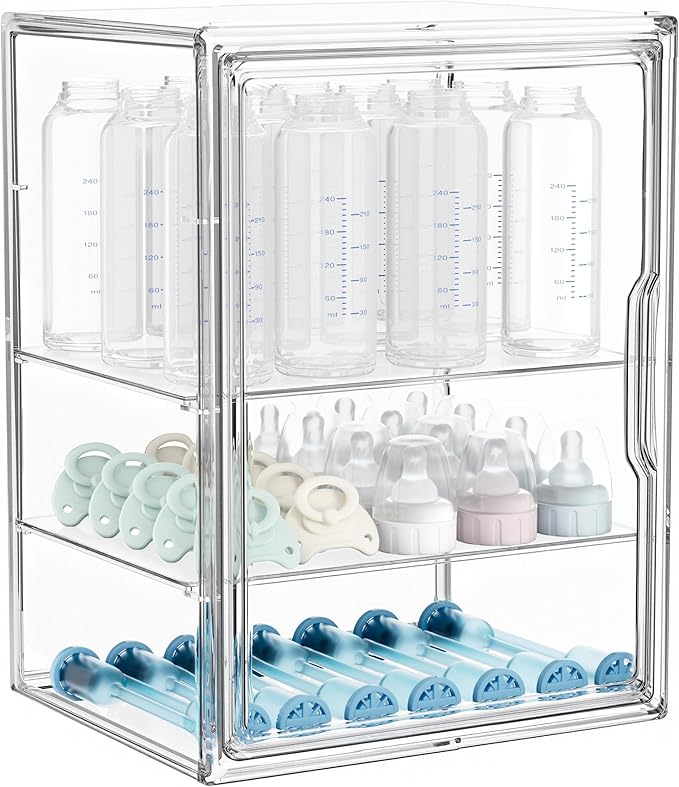 HBlife Baby Bottle Storage Organizer for Countertop Cabinet, 3 Tiers Adjustable Clear Acrylic Bottles Storage Station Case Bo