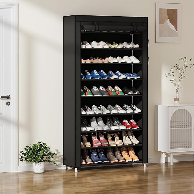 Laiensia 9-Tier Vertical Shoe Rack Organizer, Space Saving Shoe Storage Organizer, Non-Woven Cover Shoe Shelf Holds 36-45 Pai