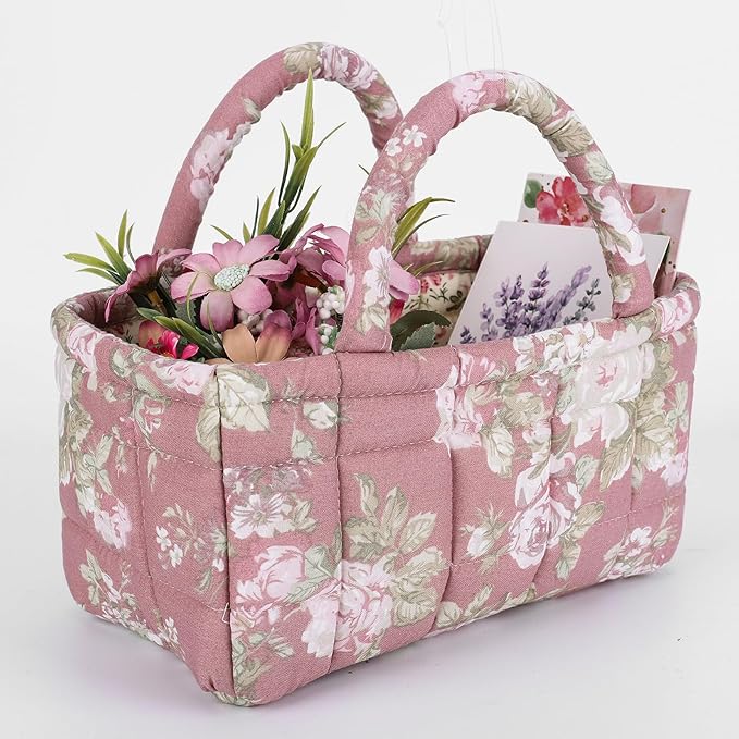Small Storage Basket Organizer, Mini Fabric Floral Storage Baskets with Handle, Quilted Portable Collapsible Storage (D)