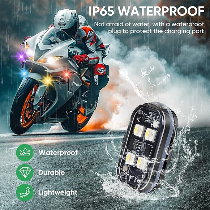 4PCS Wireless LED Lights with Remote Control, Upgraded 4LEDs 8 Colors, Interior Underglow Anti Collision Warning Strobe Light for Car Motorcycle Bike Drone Aircraft