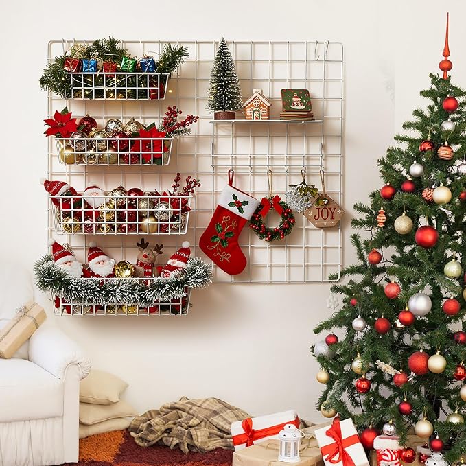 Yaocom 9 Pcs Grid Wall Shelves Gridwall Accessories Wall Grid Panel Hanging Basket with Hooks Set Includes 3 Basket 3 Wire St