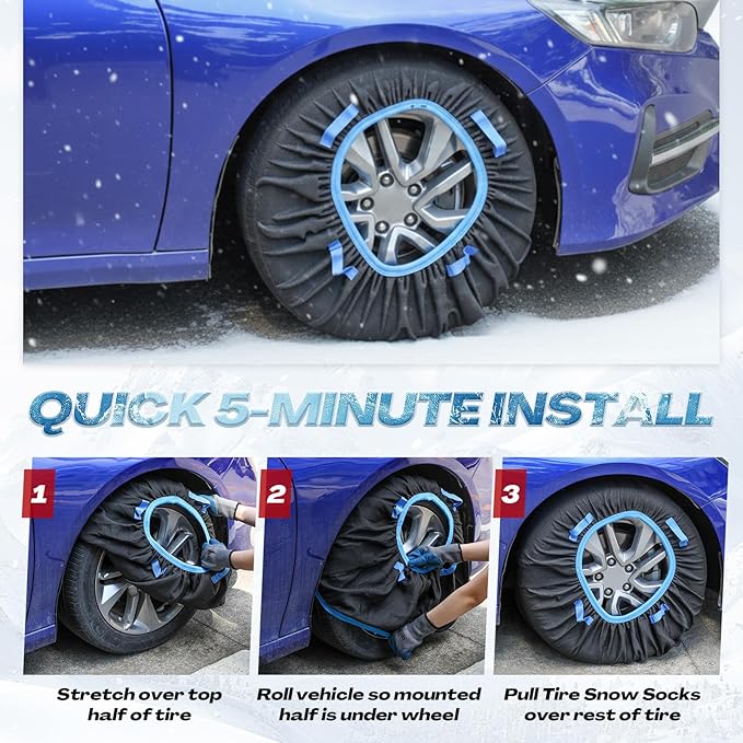 2 Pack Automotive Snow Socks for Tire, Traction Aid Anti Slip Tire Covers Chain with Ice Scraper Gloves, Universal Emergency Winter Kit for Cars Suvs Trucks Quick Fit Easy Installation (M)