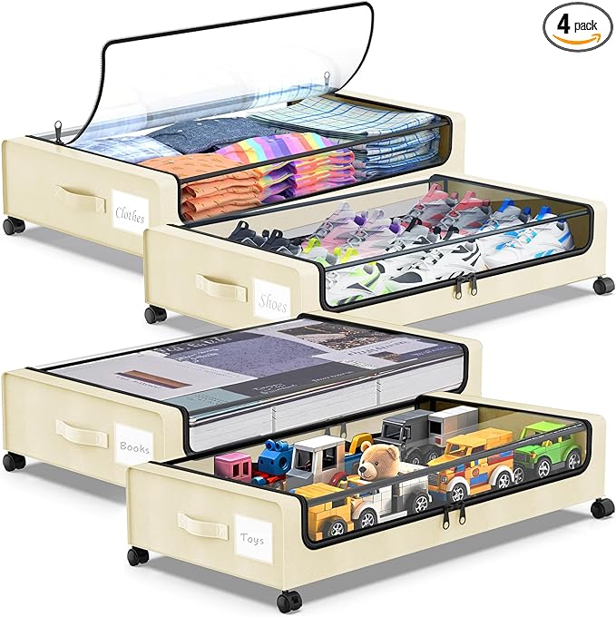 Under Bed Storage with Wheels, 4-Pack UnderBed Storage Containers with Clear Lids, Under Bed Shoe Storage Organizer, Rolling 
