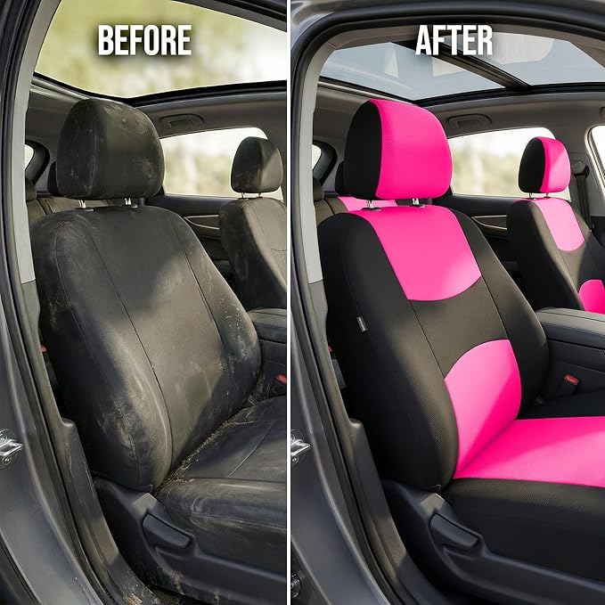 FH Group Flat Cloth Full Set Car Seat Covers Three Row 7 Seater - Universal Fit for Cars, Trucks & SUVs Pink