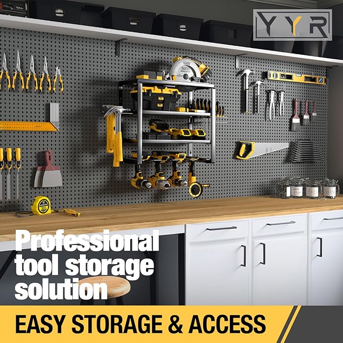 YYR 4 Layer Power Tool Organizer Wall Mount, Cordless Drill Hanger Storage Rack, Battery Tools Holder with Charging Station S