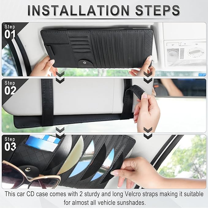alpmosn Sun Visor CD Case Holder for Car - Multi-Function Visor Organizer with CD/DVD Storage, Eyeglass Clip, Card Slots & Pen Holder, Durable Leather Car Accessories (Black)