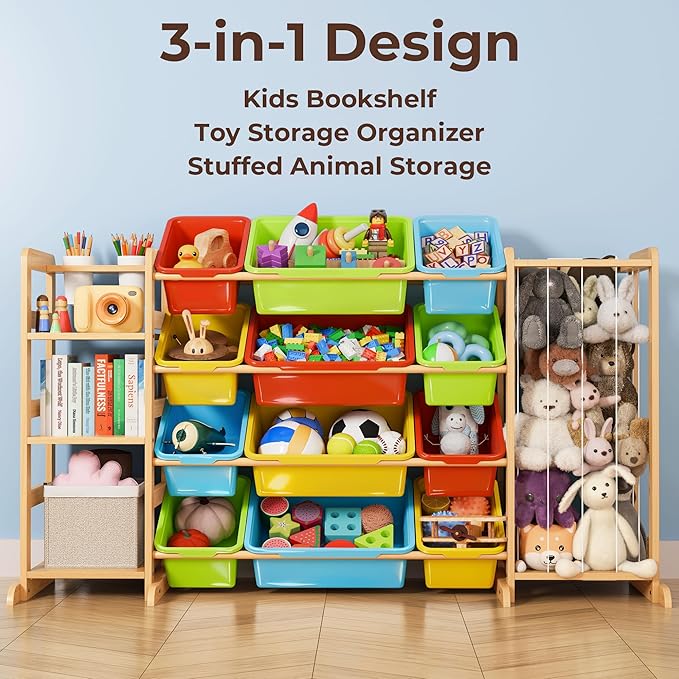 mirolam Storage Organizer with Bookshelf and Stuffed Animal Storage - Playroom Organization with Shelves and 12 Bins - Living