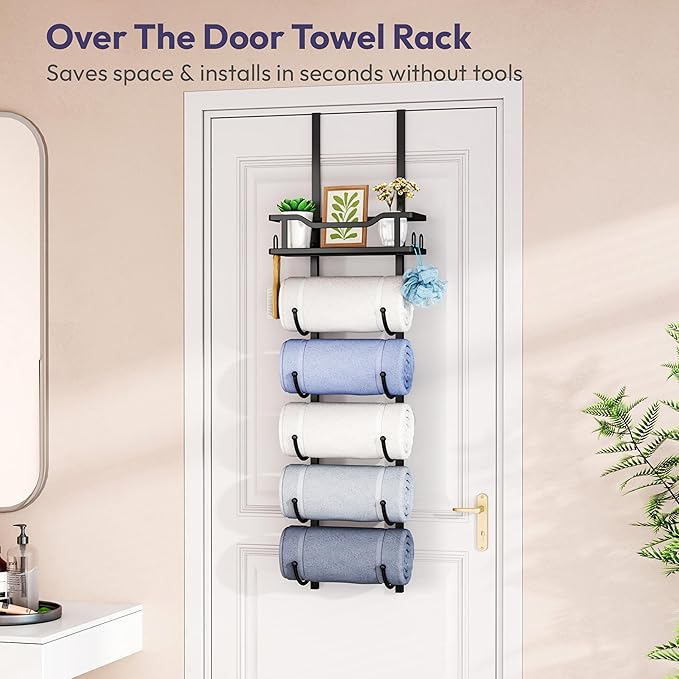SWTYMIKI Over the Door Towel Rack - 6 Tier Towel Racks for Bathroom Wall Mounted, Towel Holder with Shelf, Hanging Rolled Tow
