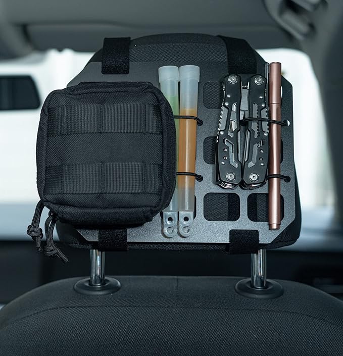 TACNEX Vehicle Rigid MOLLE Panel Car Seat Headrest Organizer EDC Pouch Tool Holster Bag Holder Auto Interior Accessories Tactical Gear Rack Truck Equipment Mount Plate Modular Storage Shelf