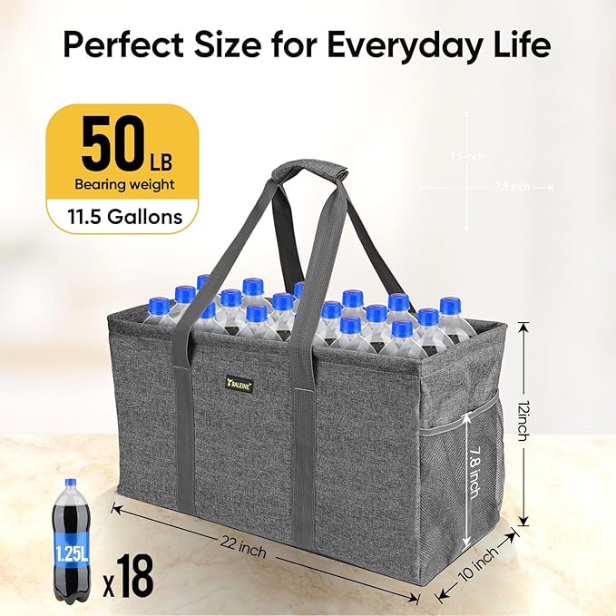 BALEINE Extra Large Utility Tote Bag with Wire Frame for Storage (Gray, 22''x12''x10'')