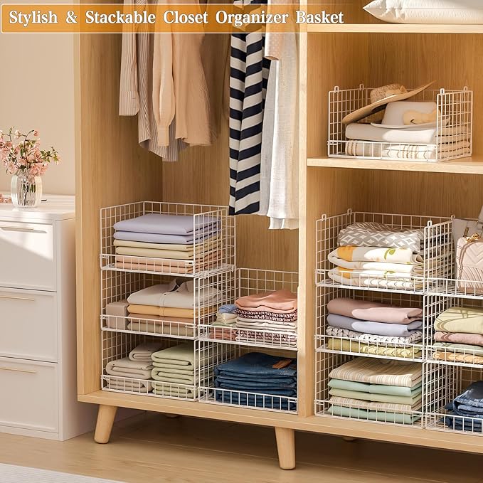 Yociyoga Closet Organizers and Storage Basket- 3-Tier Stackable Storage Bins, Foldable Closet Shelf Organizer Basket, Stackab