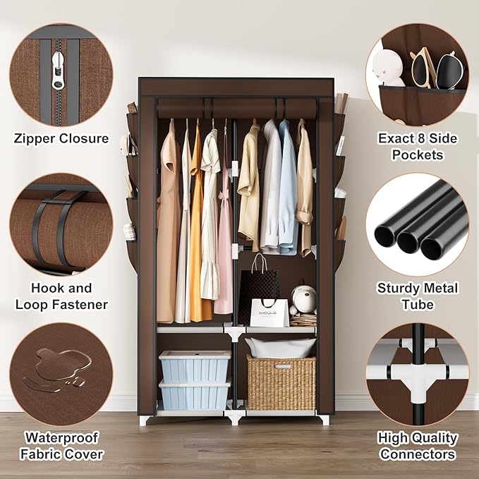 Portable Closet for Hanging Clothes, Portable Wardrobe Closet with Cover, 4 Storage Shelves, 2 Hanging Rods and 8 Side Pocket