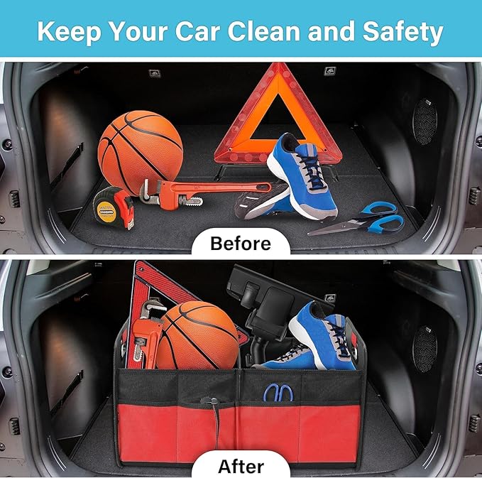 Simple Deluxe Trunk Organizer for Car/SUV/Truck, Collapsible 2 Compartment 50L Automotive Storage Box with 5 Pocket, 600D Waterp