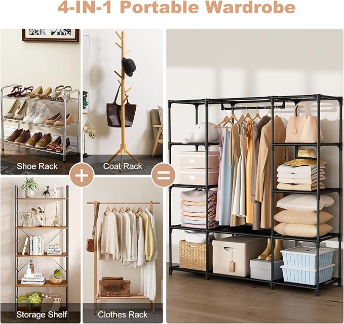 Portable Closet for Hanging Clothes 57.3 Inch Large Capacity Wardrobe Closet with Cover, 8 Pockets and 1 Hanging Rod, Easy As
