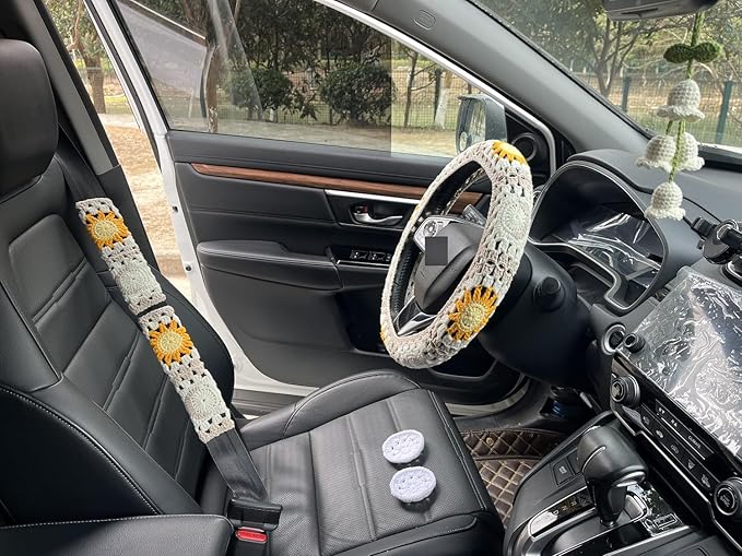 Handmade Crochet Sun Moon Car Steering Wheel Covers Universal 14-15 inch,Cute Steering Wheel Cover,Car Accessories (Wheel Cover+2belt Cover+2Coaster+Hanging)