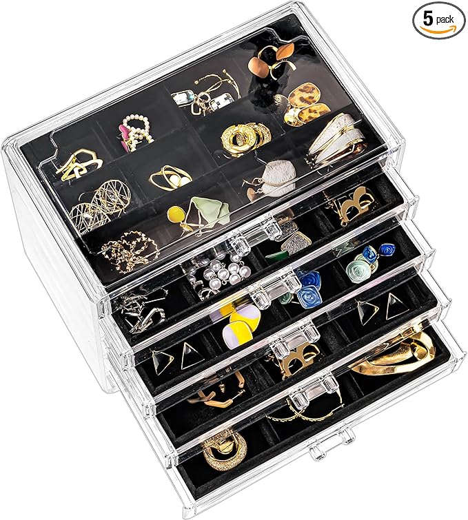 ProCase Earring Holder Organizer Jewelry Box with 5 Drawers, Acrylic Clear Earring Case with Adjustable Velvet Trays for Wome