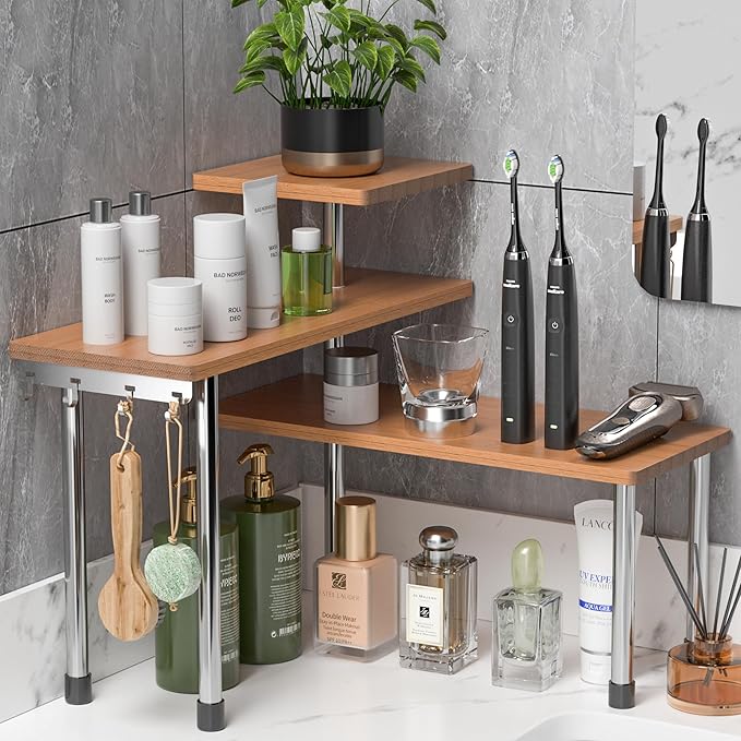 ZHWS Bathroom Counter Organizer Corner Countertop Shelf Adjustable 3 Tier Corner Shelf Kitchen Counter Organizer with 4 Metal