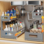 2-Pack 17"Deep Under Sink Organizer And Storage, 2-Tier L-Shaped Pull Out Cabinet Organizer with Upgraded Slide Rails, Height