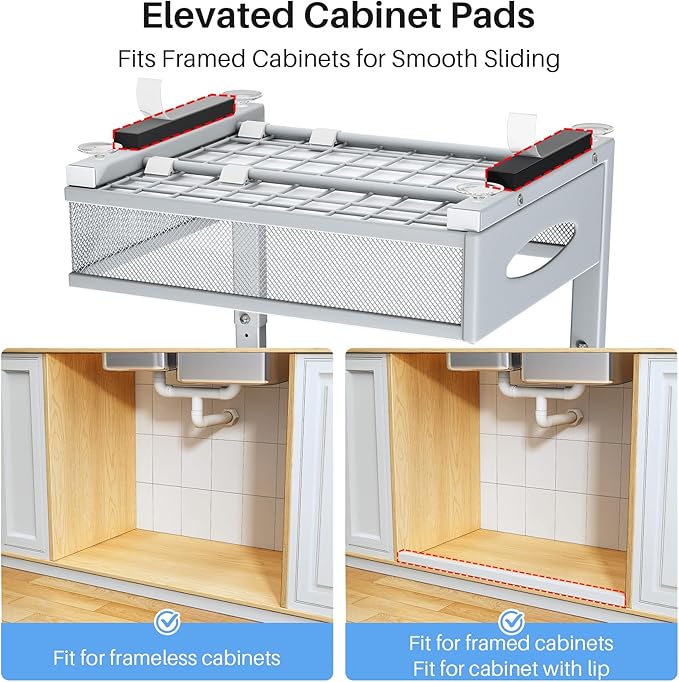 Under Sink Organizer, 2 Tier Pull Out Under Cabinet Organizer Shelf with Pad for Framed Cabinets, Metal Slide Out Under Sink 