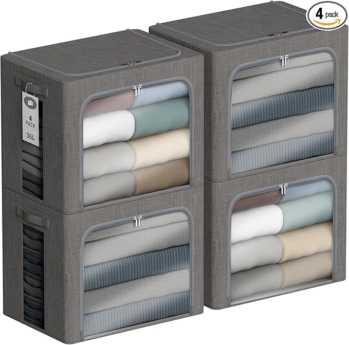 4 Pack Clothes Storage Bins with Metal Frame - 36L Stackable Storage Box with Lid，Foldable Storage Container Organizer for Cl