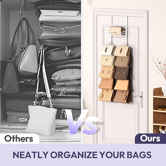 SWTYMIKI Over The Door Purse Organizer - Wall Mounted Handbag Organizer with 10 Hooks and Metal Basket, Hanging Purse Storage