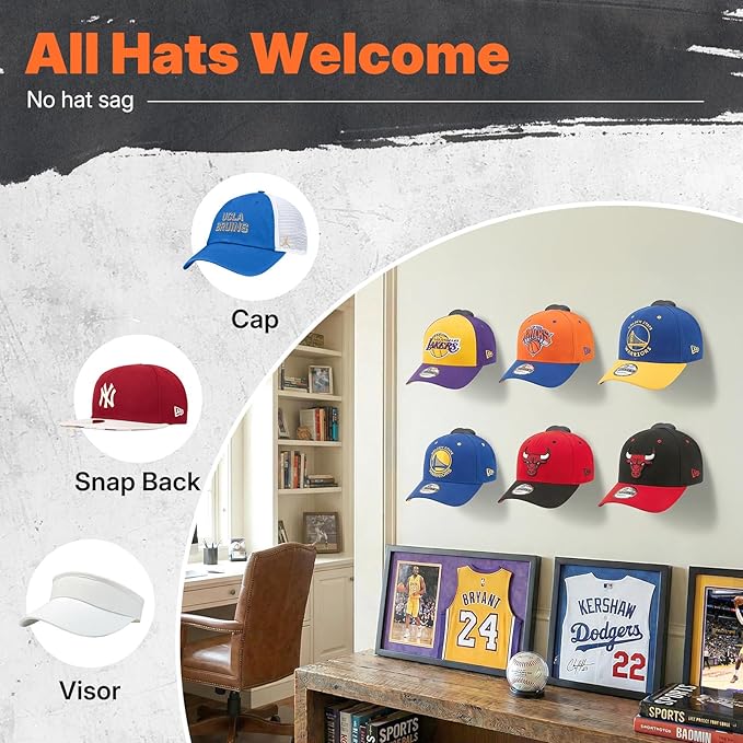 HOUSE DAY Adhesive Hat Hooks for Wall 16 Pack, Strong Hat Rack for Baseball Cap Display Organizer, Hats Holder for Wall, Door